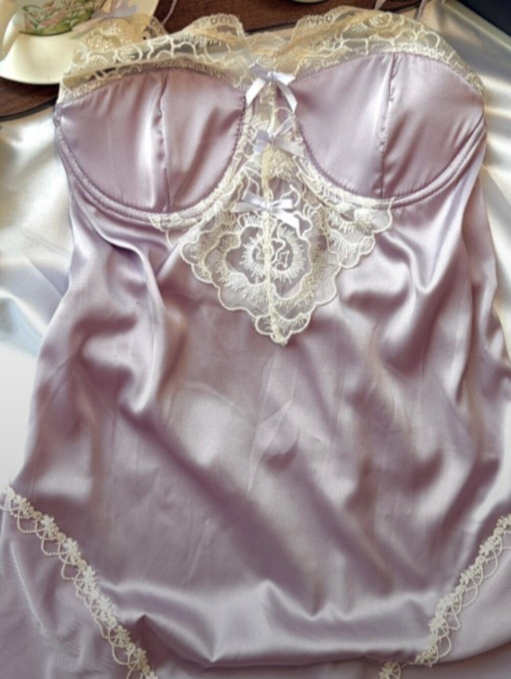 Lace-Trim Chemise Slip Lavender With Mesh Satin V Neck Size L Coquette Romantic